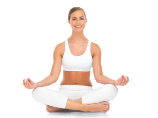 Foto op Canvas Lotus pose, portrait and happy woman on isolated, transparent and png background. Sports, meditation and face of lady with zen, peace and smile during fitness training, wellness or workout exercise © Shubham/peopleimages.com