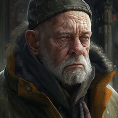 portrait illustration of an old man wearing a winter jacket and hat with a serious expression and wrinkles Generative Ai