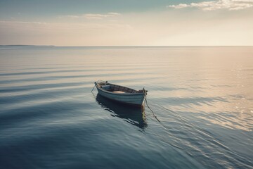 Lone boat in a calm sea in the afternoon. Generative AI