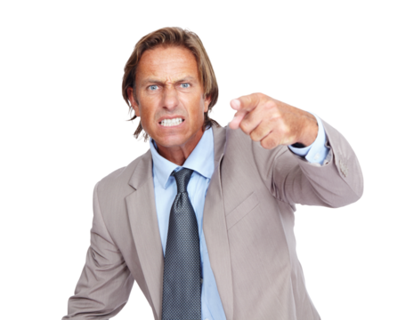 Portrait, pointing to you and man angry, frustrated and guy isolated against a transparent studio background. Face, male employee and worker with anger, fight and conflict with issues on png backdrop
