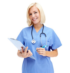 Portrait, clipboard and woman doctor isolated on transparent, png background for healthcare management or service. Face of happy professional, medical person or young nurse writing info or checklist