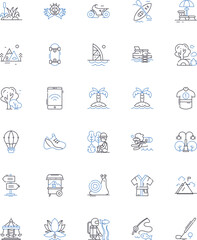 Mountain excursion line icons collection. Summit, Peaks, Scenery, Adventure, Heights, Trek, Plateaus vector and linear illustration. Backpacking,Wilderness,Trailblazing outline signs set