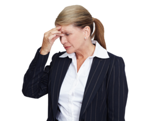 Mental health, stress or woman with headache problem, work burnout and depressed over job mistake. Career fail, depression crisis or sad corporate employee isolated on a transparent png background