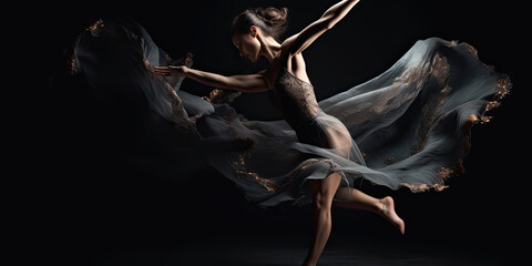 Obraz na płótnie Canvas breathtaking image of a female dancer in motion with a flowing grey dress in a studio setting with dramatic studio lighting - generative AI