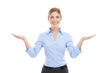 Business woman, palm of hands and portrait with space for presentation, solution or choice. Happy female advertising decision, logo or brand with a smile isolated on a transparent, png background