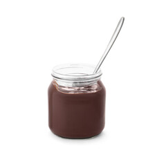 Jar of tasty chocolate paste isolated on white