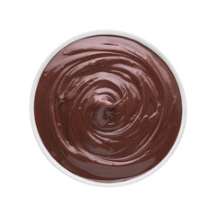 Bowl of delicious chocolate paste isolated on white, top view