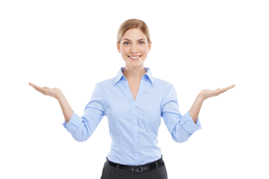 Business woman, palm of hands and portrait with space for presentation, solution or choice. Happy female advertising decision, logo or brand with a smile isolated on a transparent, png background