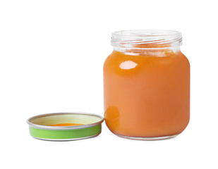 Glass jar with healthy baby food isolated on white