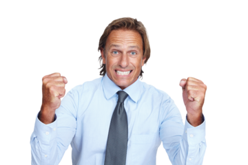 Portrait, winner and business man celebrate isolated on a transparent png background. Success, celebration and mature person excited for winning, promotion or bonus, goal achievement or good news.