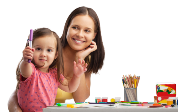 Happy young mother and daughter painting