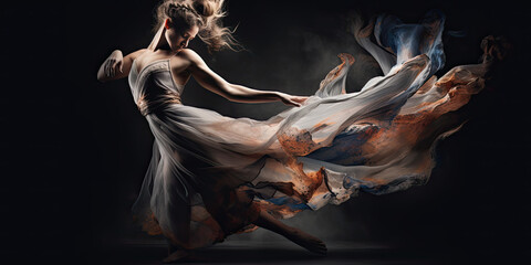 Breathtaking image of woman dancer in motion wearing long flowing dress studio setting with dramatic studio lighting - Generative AI 