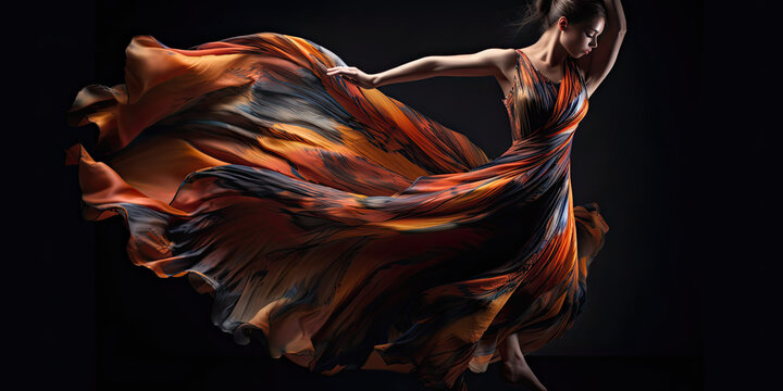 Breathtaking image of woman dancer in motion wearing long flowing dress studio setting with dramatic studio lighting - Generative AI 