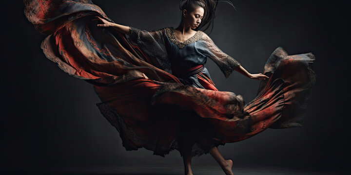 Breathtaking image of woman dancer in motion wearing long flowing dress studio setting with dramatic studio lighting - Generative AI 