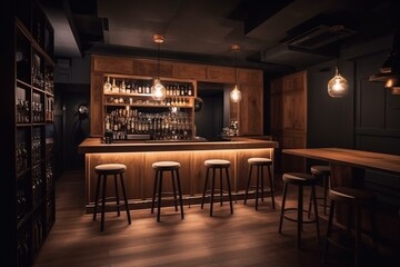 Side view of stylish bar with tables. Generative AI