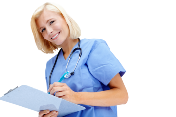 Woman portrait, clipboard and doctor writing isolated on transparent, png background for healthcare management. Happy person, medical worker or young nurse consulting with notes or clinic checklist