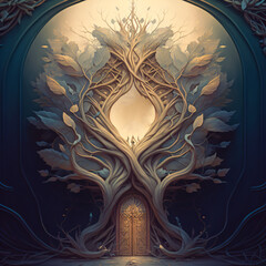 magical door surrounded by a white tree Generative Ai