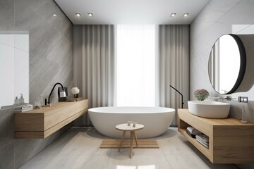 Naklejka na ściany i meble bathroom interior with bathtub and shower. Generative AI