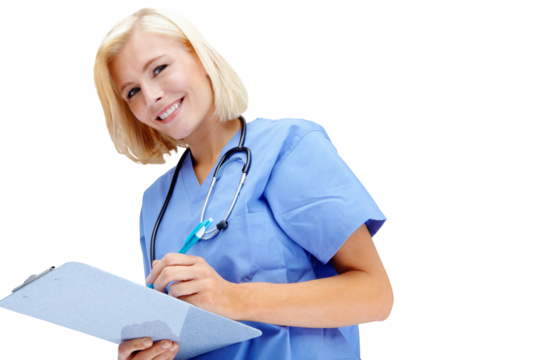 Woman portrait, clipboard and doctor writing isolated on transparent, png background for healthcare management. Happy person, medical worker or young nurse consulting with notes or clinic checklist - Powered by Adobe
