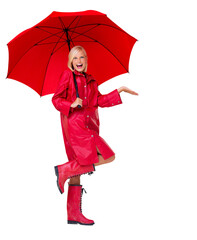 Happiness, rain and portrait of happy woman with umbrella, raincoat and boots, winter fashion and insurance. Smile, excited model and red waterproof clothes isolated on transparent, png background.