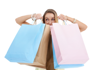 Shopping, bag and excited with woman on png background for discount, sale and luxury. Bargain, rich and fashion with female isolated on transparent for offer, present and boutique purchase