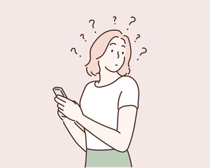 Portrait of woman thinking holding phone. Hand drawn style vector design illustrations.