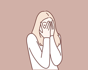 Playful shy woman hiding face laughing timid. Hand drawn style vector design illustrations. - obrazy, fototapety, plakaty