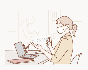 Business woman wearing face mask in the office disinfecting hands because of Covid-19 and corona virus. Hand drawn style vector design illustrations.