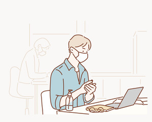Business man wearing face mask in the office disinfecting hands because of Covid-19 and corona virus. Hand drawn style vector design illustrations.