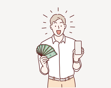 Businessman holding smartphone and dollars. Hand drawn style vector design illustrations.