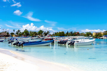 Dominican Republic, beautiful Caribbean coast with turquoise water and palm trees.