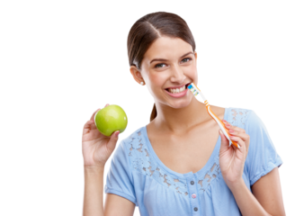 Dental health, portrait and apple with woman and toothbrush for nutrition, diet and cleaning. Fruit, smile and wellness with girl for oral hygiene and teeth isolated on a transparent png background