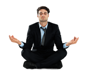 Yoga meditation, relax and businessman with lotus for stress relief, spiritual mental health or energy healing. Calm, meditate zen and employee with mindfulness isolated on transparent png background