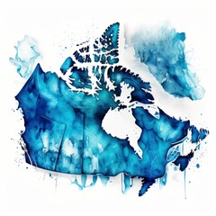 Blue abstract watercolor Canada map background with splashes, , isolated on white background copy space, generative ai