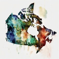 Colorful abstract watercolor Canada map background with splashes, cartography earthy colors diversity rainbow pride, isolated on white background copy space, generative ai