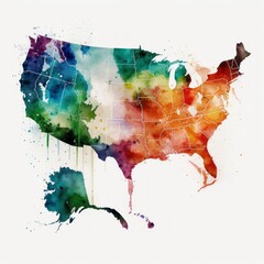 Colorful abstract watercolor United States of America map background with splashes, LGBTQ community diversity rainbow pride, isolated on white background copy space, generative ai