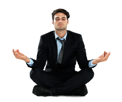 Yoga meditation, relax and businessman with lotus for stress relief, spiritual mental health or energy healing. Calm, meditate zen and employee with mindfulness isolated on transparent png background - Powered by Adobe