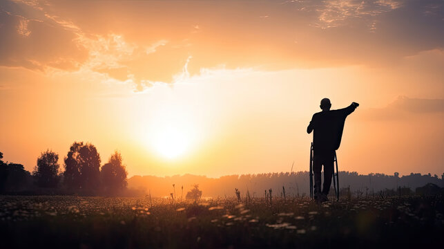 a silhouette of an old man with crutches in a field at sunset. Generative AI