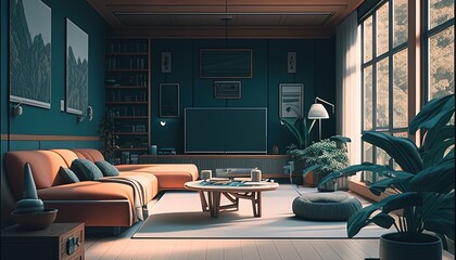 modern comfortable interior, digital art illustration, Generative AI