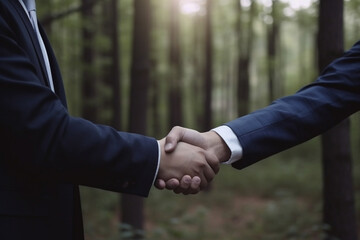 Business men shaking hands in forest