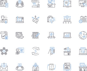 Company launch line icons collection. Unveiling, Beginning, Kickoff, Introduction, Start, Debut, Release vector and linear illustration. Opening,Launching,Commencement outline signs set