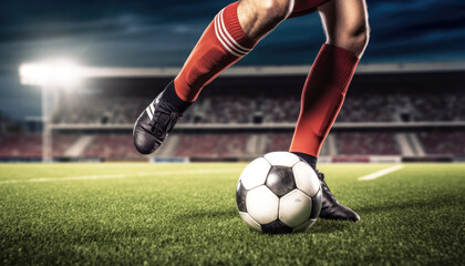 Fototapeta premium Close-up of football dribbling by soccer player in the stadium. Sport and competition concept. Generative AI