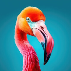 Ai generated photo of a flamingo on a blue background, in the style of realistic, emotive portraits looking at the camera in a close up colorful view.