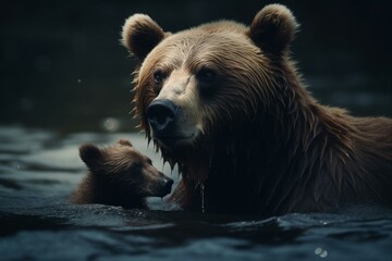 Fototapeta na wymiar Brave Mother Bear Dives into Water to Save Her Cub. Generative AI