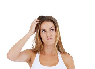 Thinking, confused and woman scratching her head in doubt and confusion. Idea, hair scratch and difficult choice for model with frustrated expression on face isolated on transparent, png background