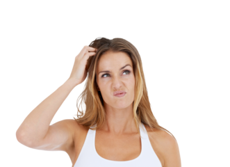 Thinking, confused and woman scratching her head in doubt and confusion. Idea, hair scratch and difficult choice for model with frustrated expression on face isolated on transparent, png background