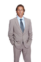 Portrait, serious and mature business man isolated on a transparent png background. Ceo, professional male and confident, hands in pocket and entrepreneur from Canada with pride for career or job.
