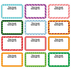 12 template illustrations of a set of colorful label sticker blank text. Sticker marking the ownership of an item, book, bag, etc. Name tag for ownership identification, Ownership symbol