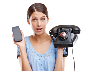 Portrait, phone and evolution of technology with a woman isolated on a transparent background for communication. Contact, PNG or telephone with a surprised young female comparing different innovation
