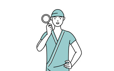 虫メガネをのぞく男性入院患者